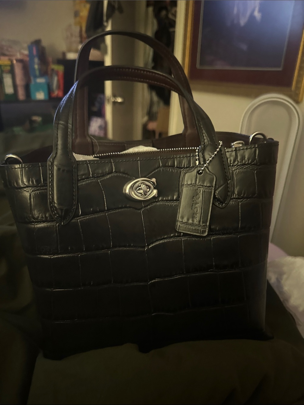 Coach Black Croc-Embossed Leather Satchel with Turn-Lock